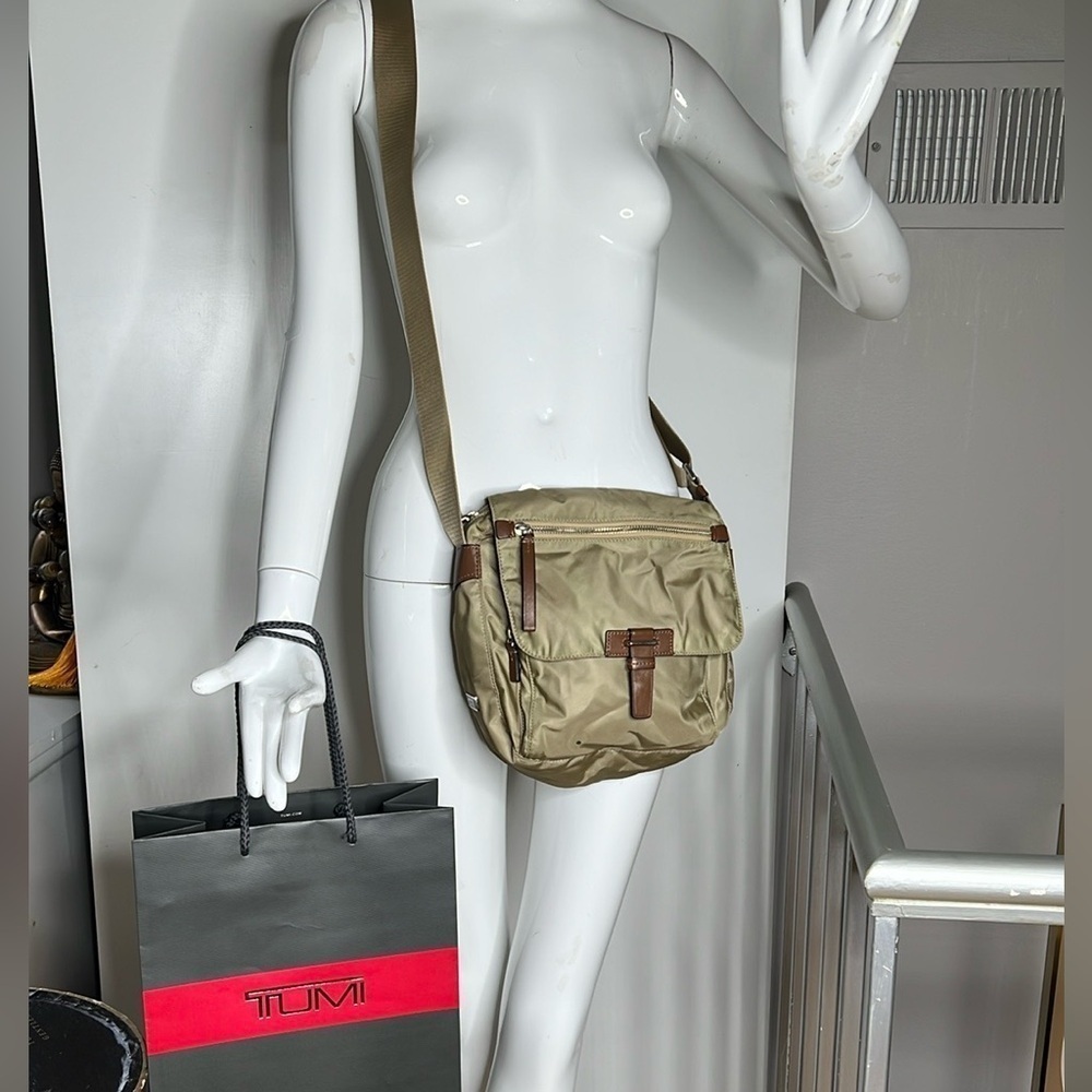Tumi Voyager Khaki Nylon Brown Leather Trim Crossbody Bag
